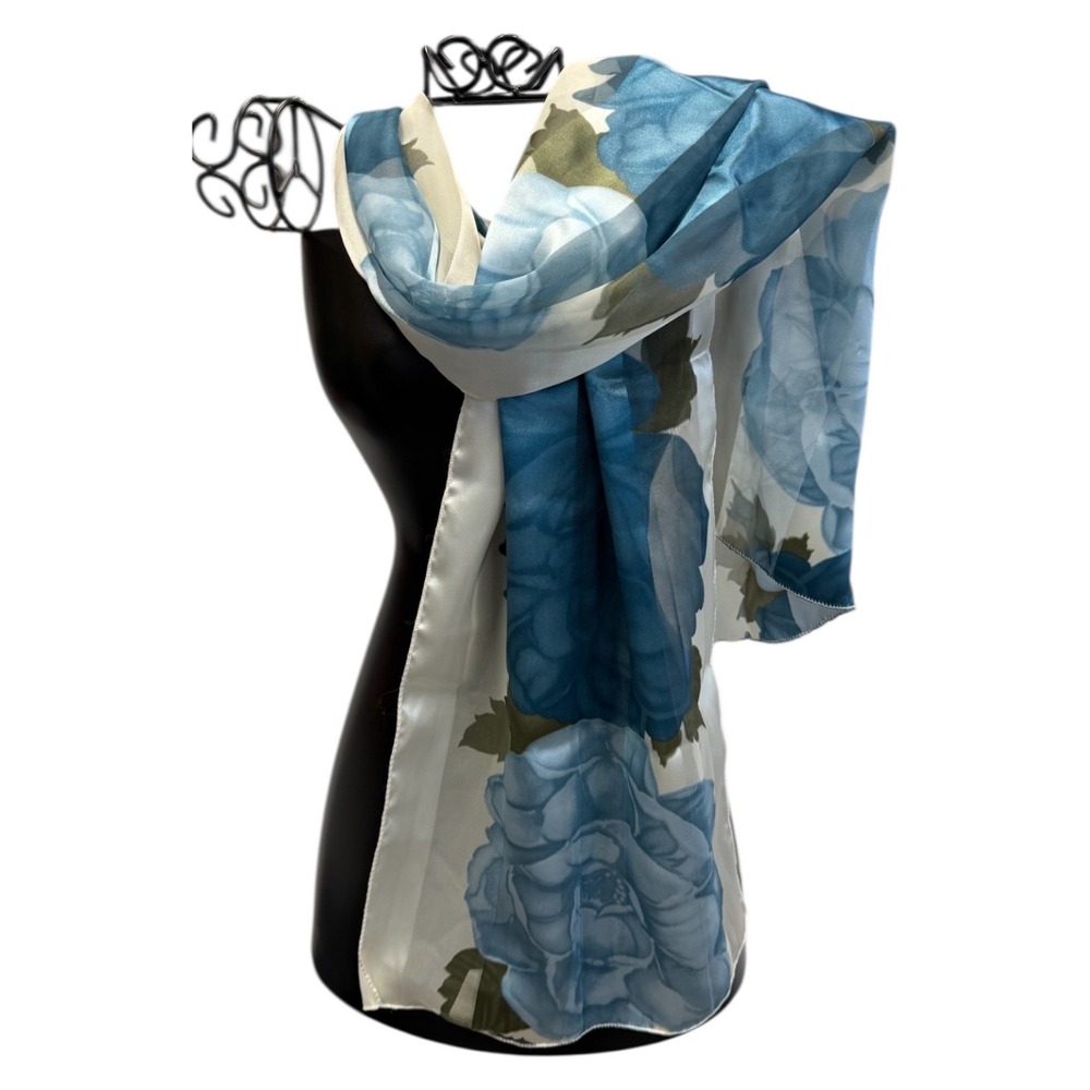 AW Items Womens Floral Scarf Wrap Blue White Polyester Silk Feel With Flaws‎